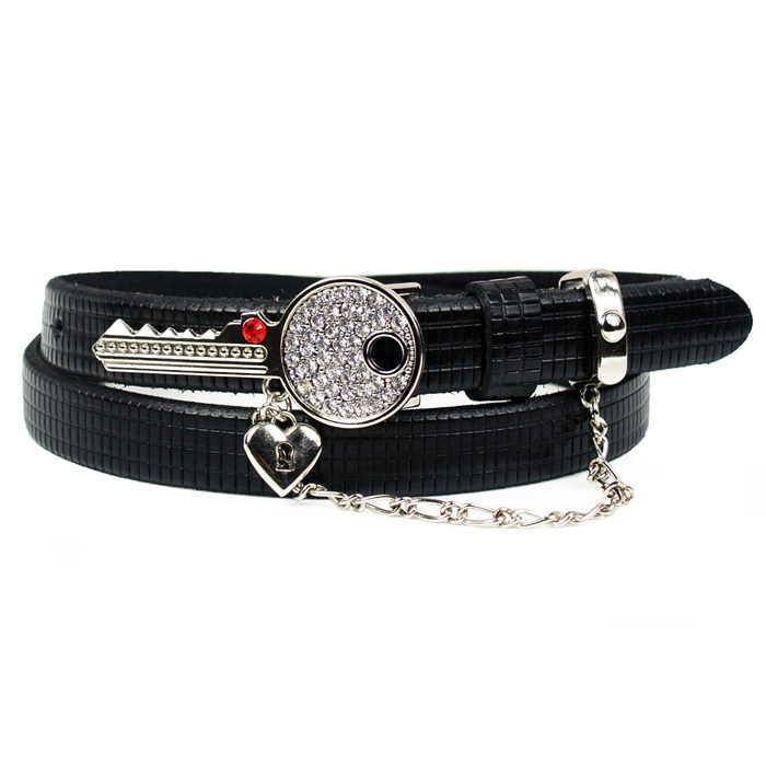 2013 Fashion Genuine Leather Belt Key Pattern Buckle Skinny Plait Pattern Womens Belt