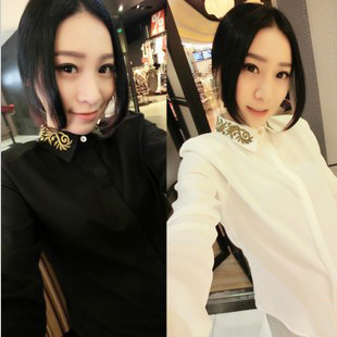 2013 fashion gold thread embroidery turn-down collar chiffon shirt