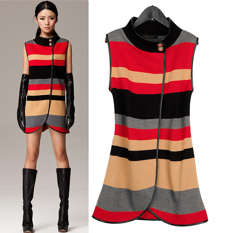 2013 Fashion high quality autumn and winter women stand collar multicolour stripe sleeveless slim sweater knitted outerwear