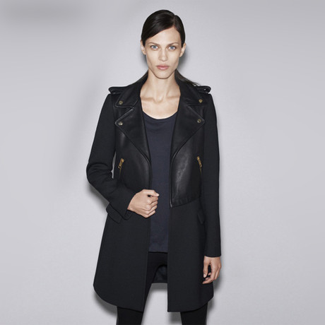 2013 Fashion high quality black woolen leather stitching coats strench in lookbook with zipper windbreaker thick Coat