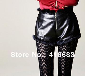 2013 Fashion hot  autumn winter rabbit hair edge knickers lady nightclub personality PU lederhosen free shipping