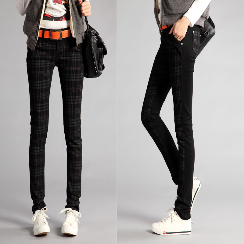 2013 fashion hot selling british style skinny jeans plaid pants patchwork A B stitching jeans pencil pants female elastic jeans