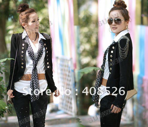 2013 Fashion Korean Ladies Long Sleeve Double-breasted Suit Jacket Coat Black Free Shipping 4938