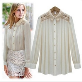 2013 fashion lace flower solid color chiffon long-sleeve women's shirt