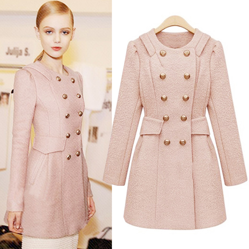 2013 fashion ladies elegant o-neck slim double breasted woolen outerwear trench overcoat