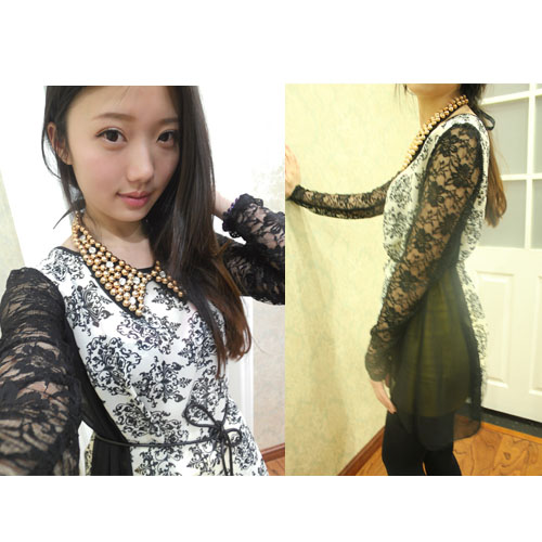 2013 fashion ladies shirts 2013 patchwork lace sleeve chiffon one-piece dress slim leather belt