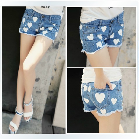 2013 Fashion Lady Han edition jeans short women jeans shorts Love printed jeans short pants free shipping
