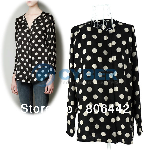2013 Fashion Lady Women's Elegant Round Neck Long Sleeve Big Dot Chiffon Blouse Shirt Tops 3Sizes Free Shipping 11105