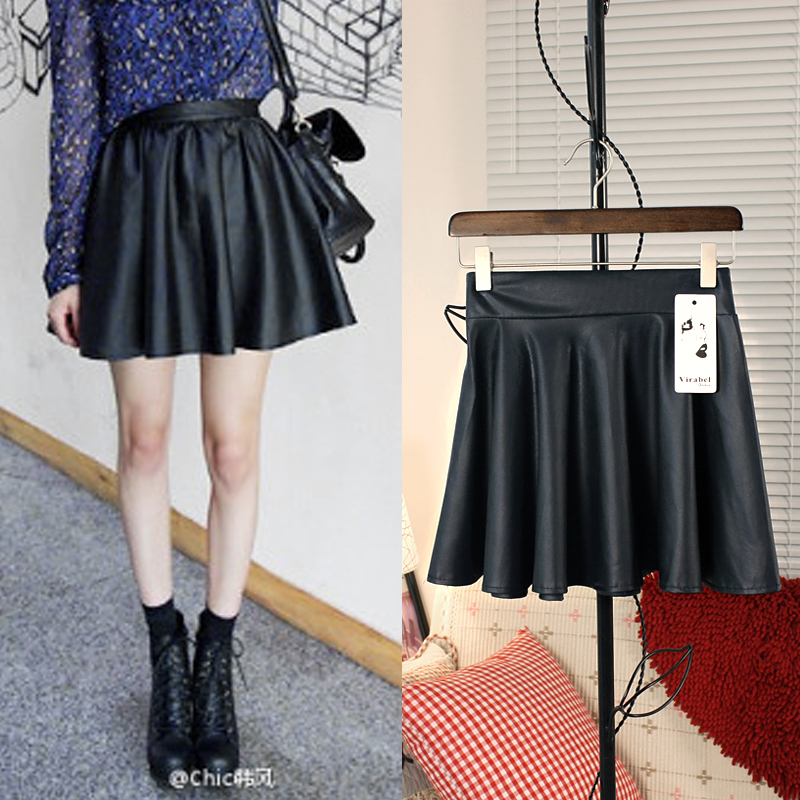 2013 Fashion leather skirt vintage bust skirt high waist short skirt pleated puff basic PU skirt skirt small leather 1286