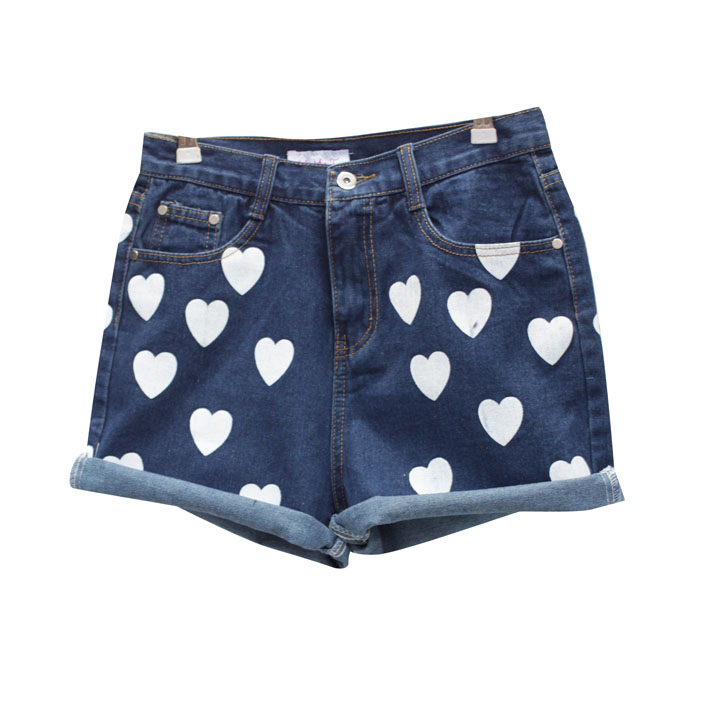 2013 Fashion loose love print  roll-up hem high waist denim shorts free shipping