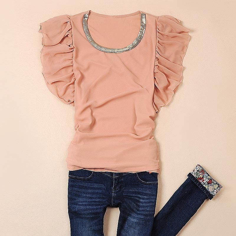 2013 Fashion Milk chain slim pleated ruffle chiffon shirt short-sleeve women's summer chiffon top