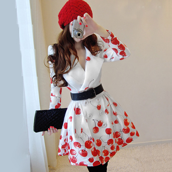 2013 fashion new arrival spring red cherry puff skirt double breasted  wind coat 10149