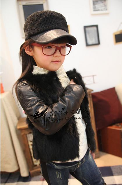 2013 fashion new children's clothing real rabbit fur PU splicing children round collar down jacket fur jacket