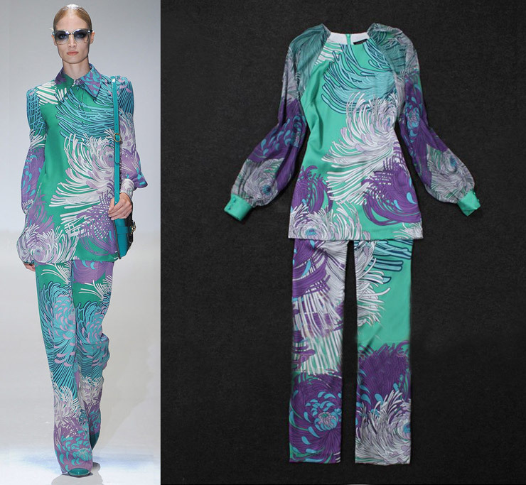 2013 Fashion New Women Fresh Spring Print Lantern Sleeve Blouse/Top+Casual Match Pants Twinset Clothes Set SS13047