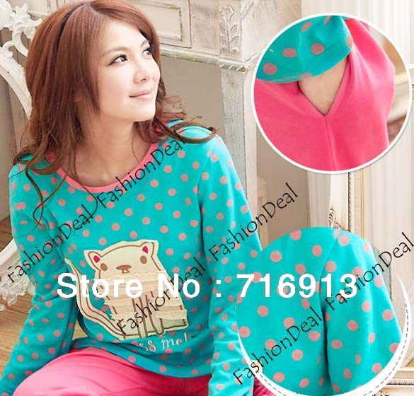 2013 Fashion New Women's Winter Long Sleeve Cartoon Cat Pattern Cotton Women's Pajamas Underwear Sleepwear Free Shipping9282