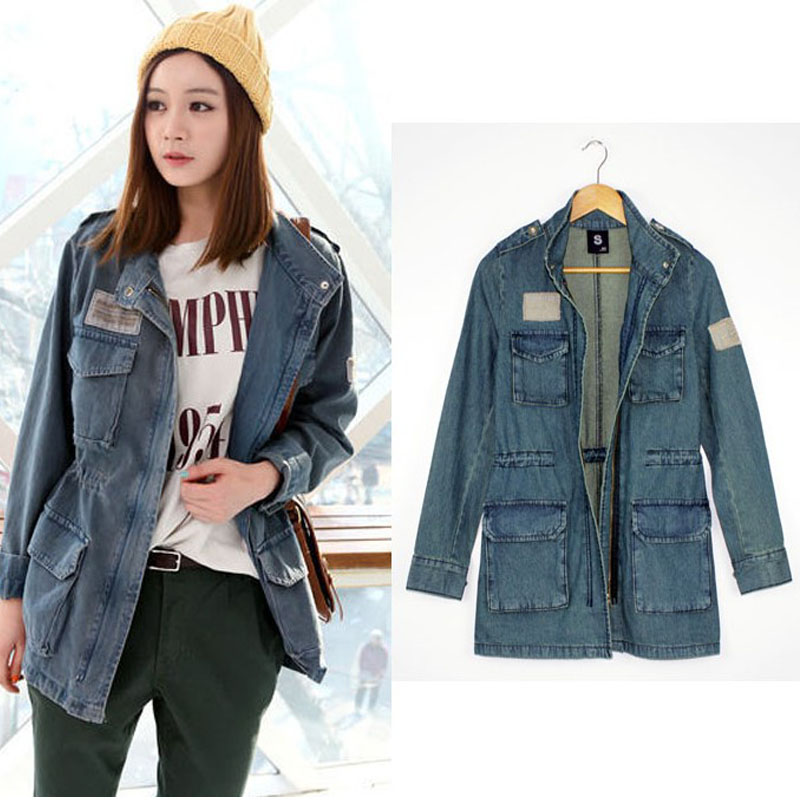 2013 fashion normic drawstring slim waist loose retro finishing female medium-long denim trench outerwear Free shipping