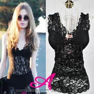 2013 fashion normic rose jacquard V-neck belt pad transparent sexy lace cutout basic vest