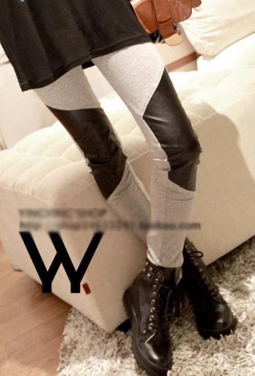 2013 fashion personality slim fashion patchwork faux leather all-match cotton legging ankle length trousers 8001 free shipping