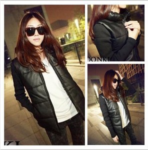 2013 fashion pillow patchwork rib knitting sleeve slim leather clothing cotton-padded jacket wadded jacket