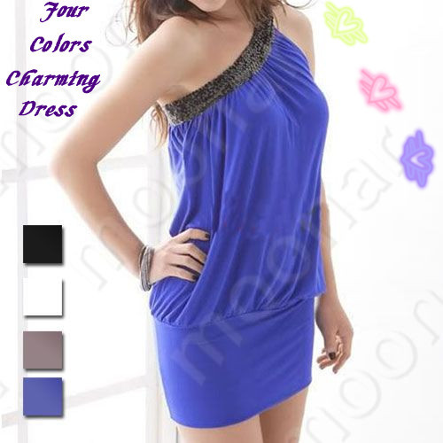 2013 Fashion Sexy New Women Cotton One off Shoulder Sleeveless Dress free shipping E0406