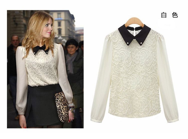 2013 fashion simple white OL lace blouse,tops,shirt, spring fullsleeve notched trendy chiffon lace blouse,fashion spring clothes