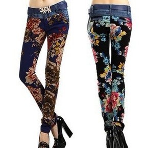 2013 fashion skinny jeans for women autumn winter print vintage flower skinny pants pencil jeans female trousers flower trousers