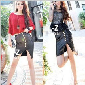 2013 Fashion Skirts Womens Black Sexy Pencil Skirt With Button High Waist Vintage PU Leather Skirt