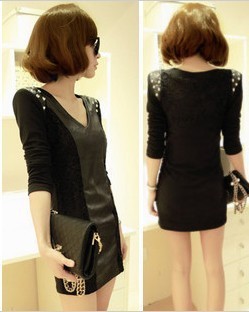 2013 fashion slim sexy slim hip leather skirt slim basic skirt autumn and winter long-sleeve dress black autumn