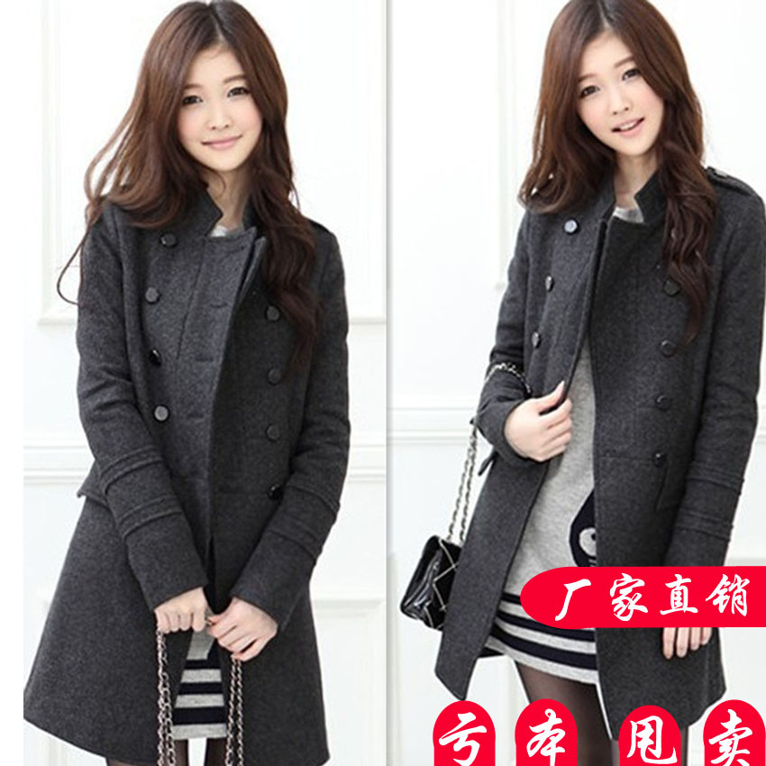 2013  FASHION slim woolen outerwear double breasted women's thickening trench overcoat BLACK  GRAY woman coats FREE SHIPPING