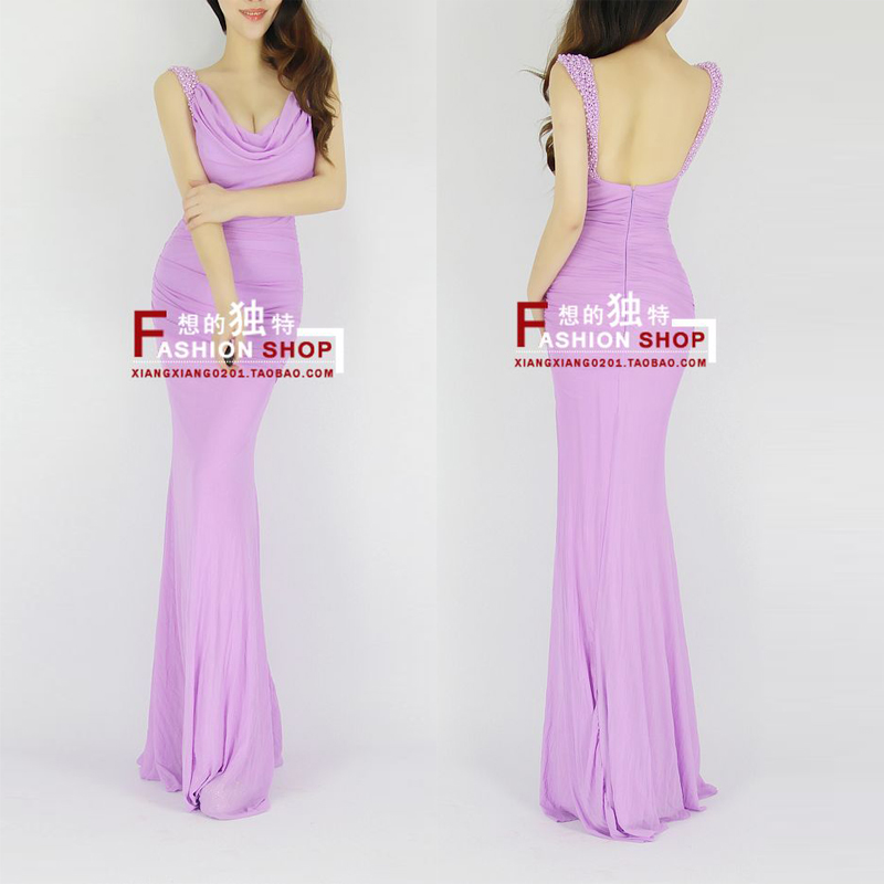 2013 fashion spaghetti strap pearl low-cut sexy bride suit performance formal dress long design h0526 one-piece dress