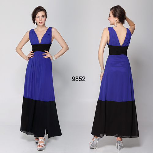 2013 Fashion Split Double V-neck Padded Blue Black Long Evening Dress FREE DROP SHIPPING