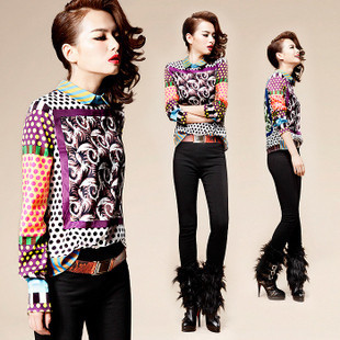 2013 fashion spring and summer holidaying vintage print all-match wowed silk long-sleeve flower shirt female top