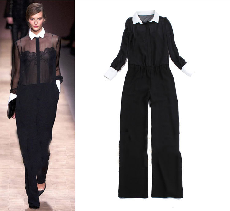 2013 Fashion Spring Women Turn-down Collar Long Sleeve Sheer Lace Jumpsuit Designer Romper Overalls SS12616