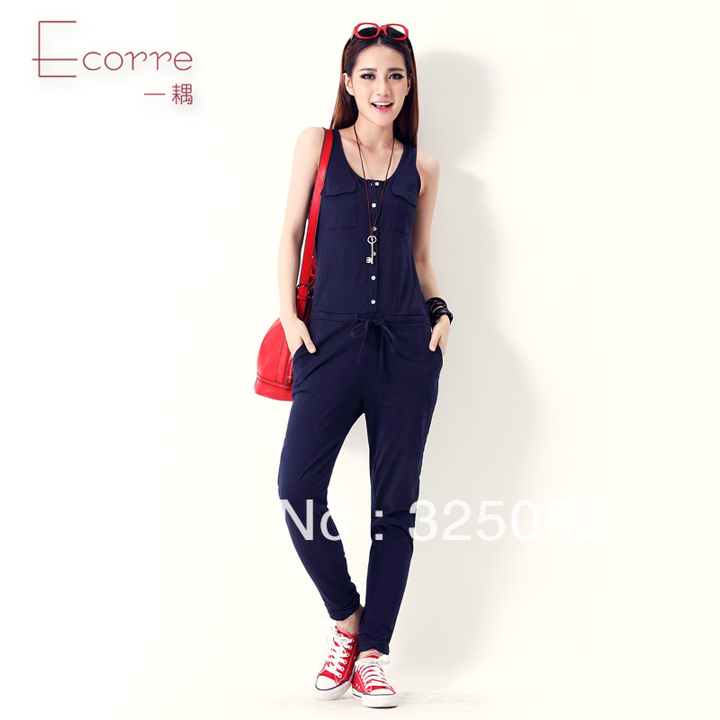 2013 fashion summer solid color jumpsuit vest slim waist one piece trousers  cat suit  new arrival