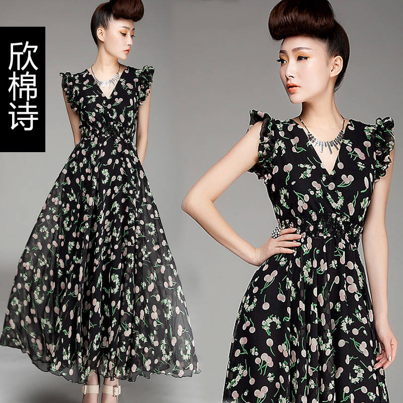 2013 fashion summer women fancy print sleeveless slim waist expansion bottom slim chiffon one-piece plus size dress