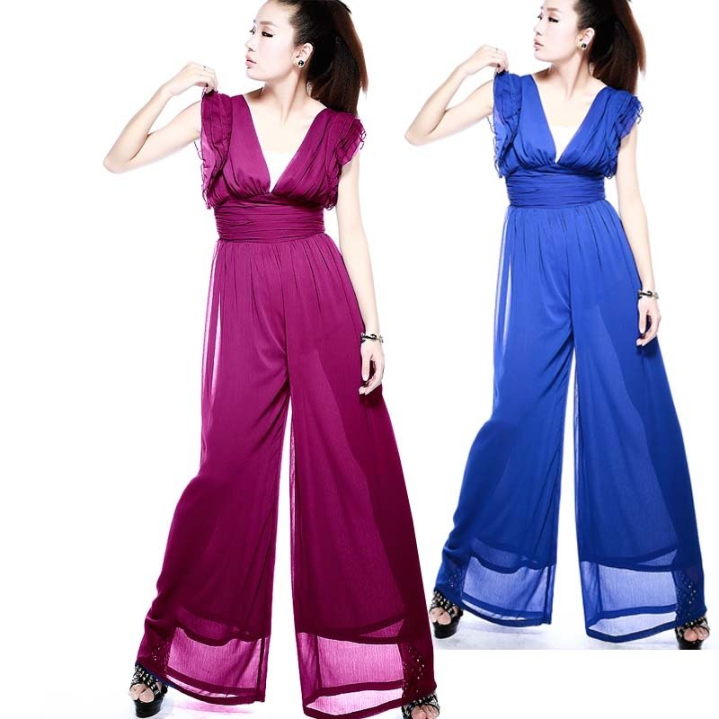 2013 fashion summer XXL womens jumpsuit wide leg  high waist ruffles deep V-neck chiffon overall pants long  trousers for woman