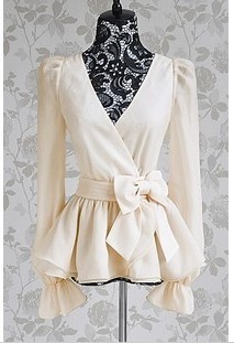 2013 fashion sweet beige cross V-neck slim ol elegant bowknot long-sleeve shirt
