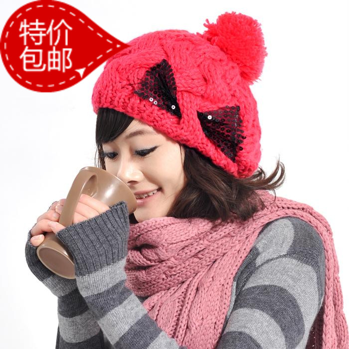 2013 fashion sweet paillette bow big yarn ball female pineapple hat knitted hat