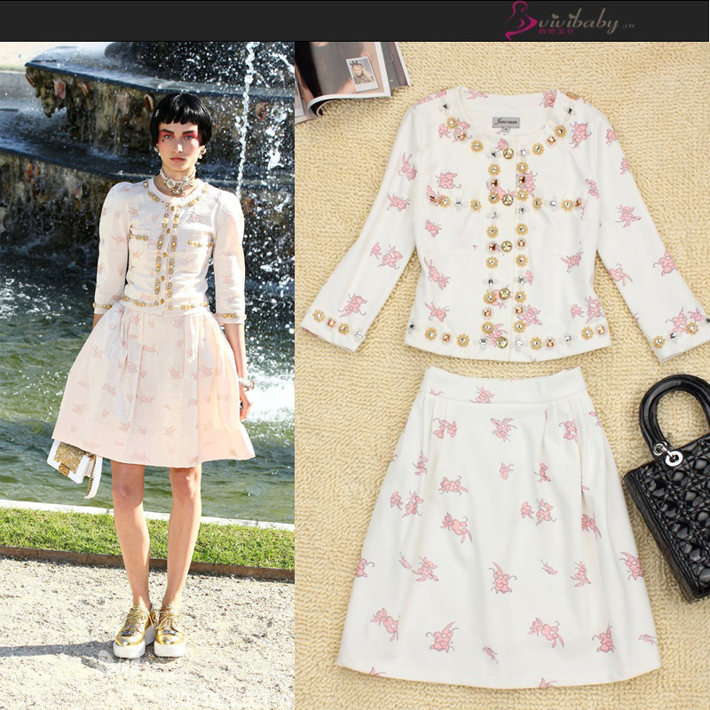 2013 fashion vintage elegant beading print long-sleeve occupational female set skirt twinset