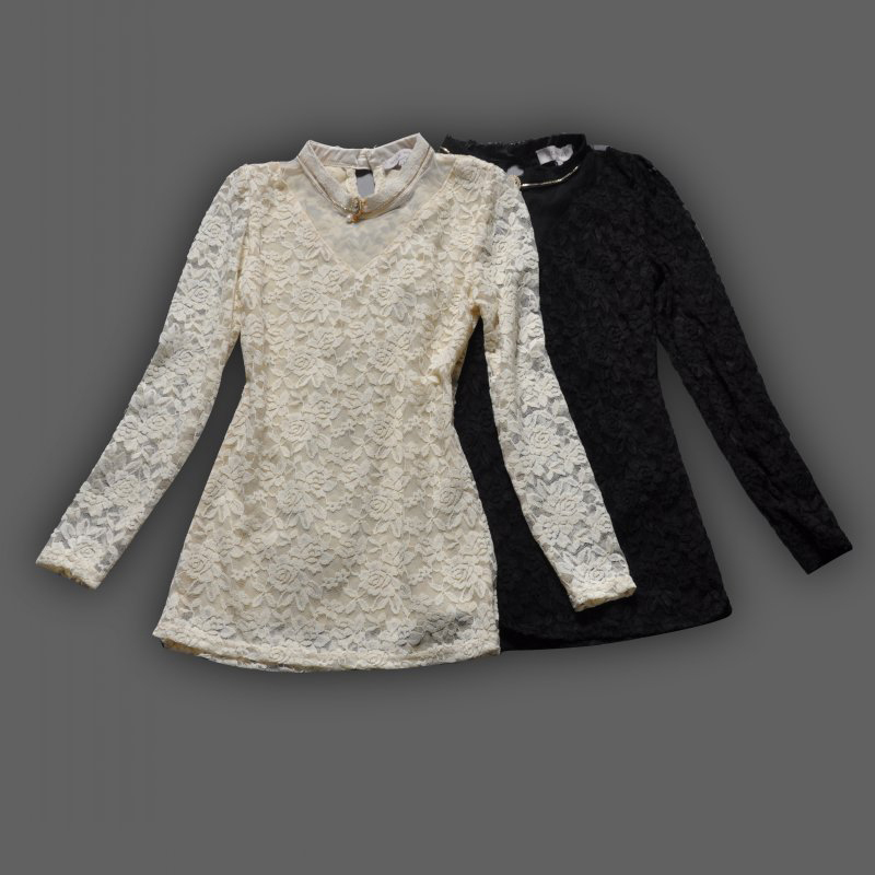 2013 fashion vintage elegant necklace crew neck slim long-sleeve lace shirt top basic shirt