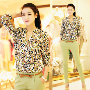 2013 fashion vintage straight gentlewomen chiffon shirt female long-sleeve V-neck heart floral print shirt female