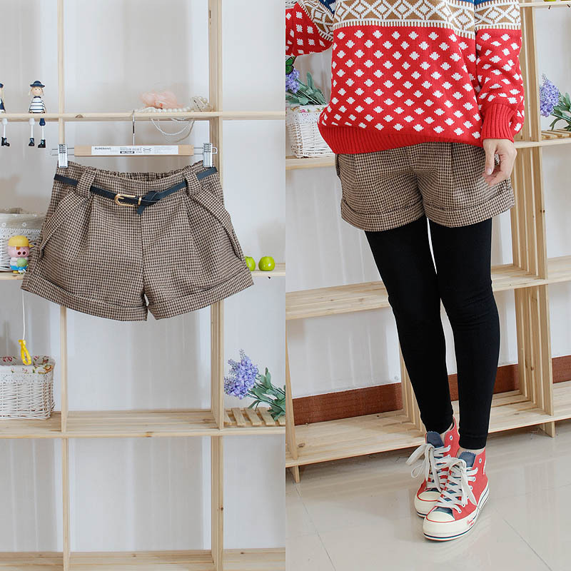 2013 fashion vintage winter woolen boots with belt preppy style winter boots women Plaid shorts cheap for sale!