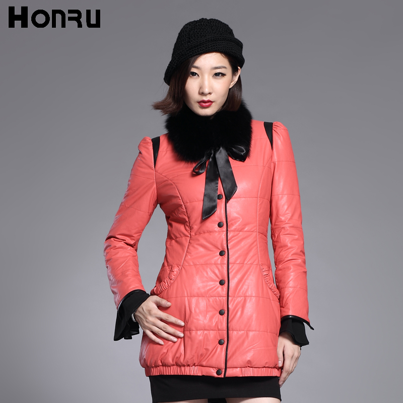 2013 fashion winter PU water washed leather wadded jacket thickening cotton-padded jacket medium-long outerwear female 3