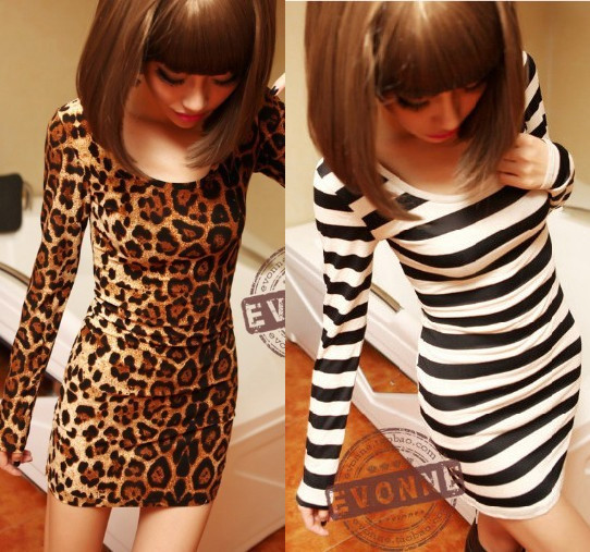 2013 Fashion Women all-match basic Mini dress long-sleeve Leopard Dress Print stripe Lady Sexy Slim Dance Dress Free shipping