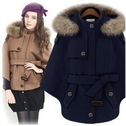 2013 fashion women coat long Fur collar with a hood single breasted poncho outerwear Dark Blue camel plus size free shipping