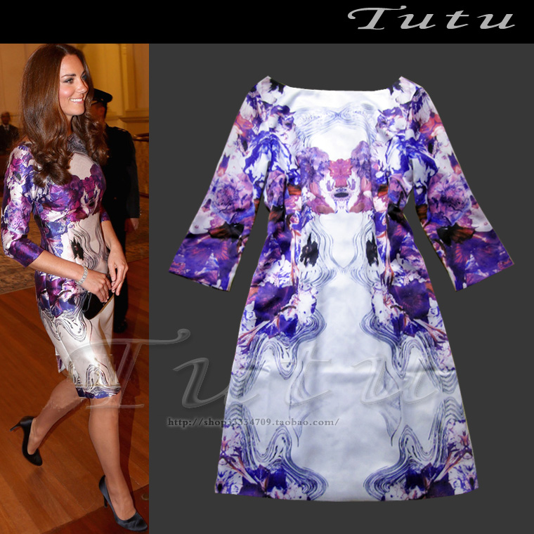 2013 fashion women's autumn kate elegant slim slit neckline three quarter sleeve print one-piece dress,digital printing dress
