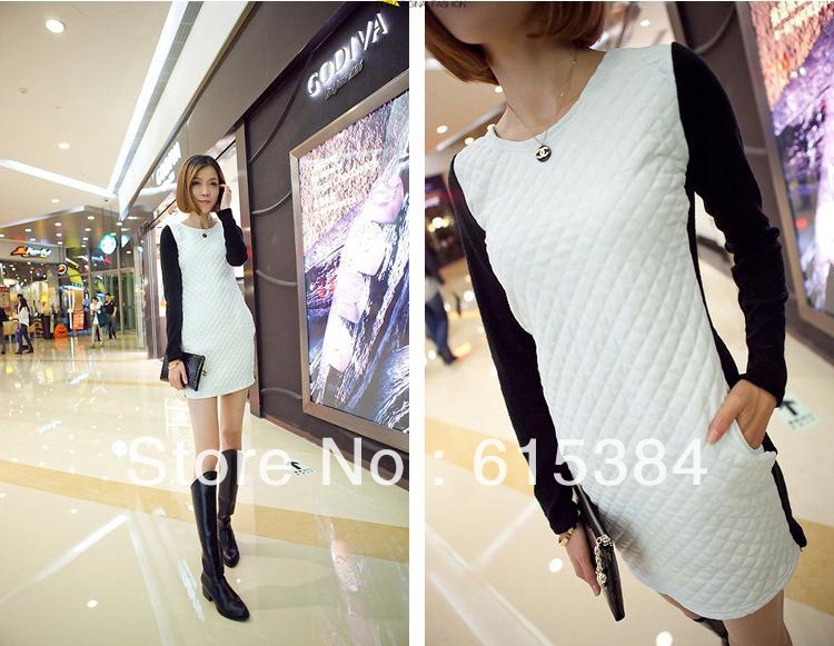 2013 fashion Women's Lady clothes black and white color dresses block mesh Cotton patchwork Synthetic Leather dress