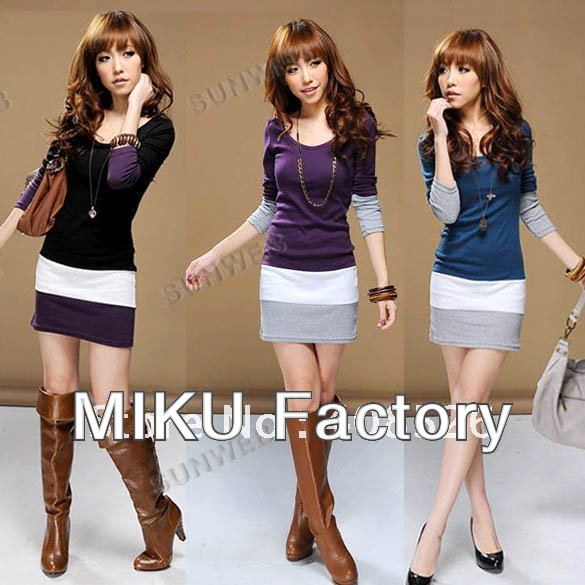 2013 Fashion Women's Long Sleeve T-Shirts Ladies Top Wear Lady Clothes O-Neck Tops Blouse Stripe Dress Free Shipping