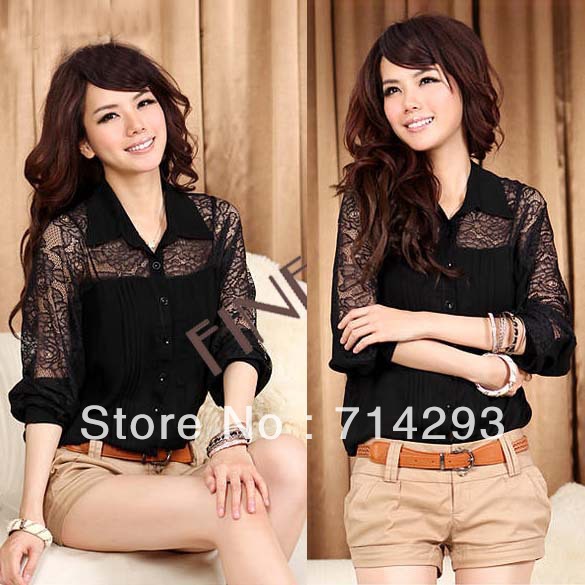 2013 Fashion Women's See-through Long Batwing sleeve Lace+Chiffon Shirt Blouse black White Free shipping 9448