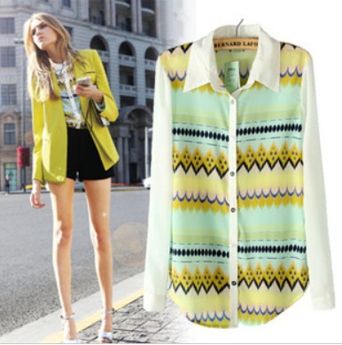 2013  fashion women's shirts Waves the printing hit color stitching long-sleeved chiffon shirts ladies blouses free shipping